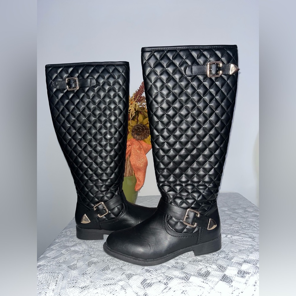 Knee High Black Quilted Boots with Gold Buckles by CA Collection